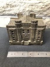 Antique c1905 COUNTY BANK Building Shaped Cast Iron Money Box Original Old Used