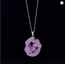 Purple Agate Slice Geode Pendant Necklace – Natural Stone – Brand New 💜✨