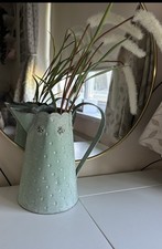 New England Shabby Chic Large size Tin Jug Vase Planter w/ artificial plants 