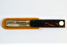 Vintage Miniature Manicure Set In Caramel & Marbled Bakelite Box, Sliding Lid