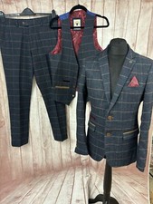 Marc Darcy Men’s Blue Tweed ETON 3 Piece Suit 38” Jacket W36 W34 Check Navy Red