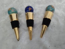 3x Gemstone Globe Wine Bottle Stoppers With Gold Metal And Black Rubber