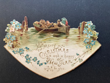 Small Victorian chromolithograph diecut rowing boat travellers Christmas card