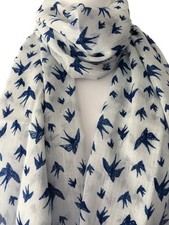 White Scarf Navy Blue Bird Print Cotton Wrap Fair Trade Birds Shawl Swallows New