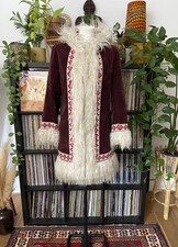 Vintage 1970s Burgundy Velvet Embroidered Trim Afghan Coat