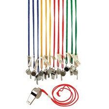 Silver Metal Whistles Coloured Neck Cord Festivals Party Bag Toys (1, 4 or 12)
