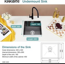 KINKIBOS Stainless Steel Kitchen Sink 40 x 40 cm, Small Square Sink undermount