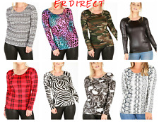 New Ladies Long Sleeve Printed Casual Round Neck Stretchy Tee Basic T-Shirt Top