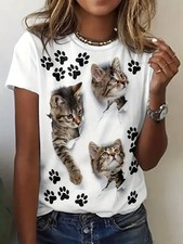 PLUS SIZE 18 20 WHITE CUTE CAT PRINT TOP BLOUSE T SHIRT STRETCH CURVE