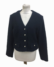 M&S Women's Jacket Navy Boucle Gold Buttons Collarless Flap Pockets New F1