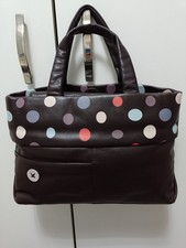 Radley grab bag, chocolate brown with large spot design around top, pale dog tag