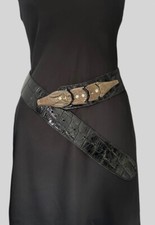 Vintage 80's Black Leather Shiny Moc Croc Snake Metal Diamante Belt Retro O/S