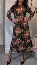 H&M Floral Cottage Core Cabbage Roses On Dark Green Maxi Dress Size L