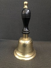 ANTIQUE BRASS SCHOOL BELL WOODEN HANDLE  SERVANT BAR MAN CAVE FIRE ALARM