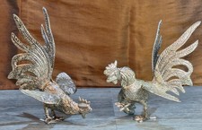 Stunning Vintage Pair of "EM" Stamped Silver-Plated Fighting Cockerels 6" Tall