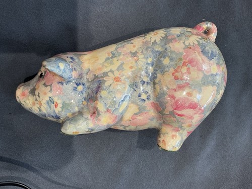 Floral decoupage ceramic pig - floral,