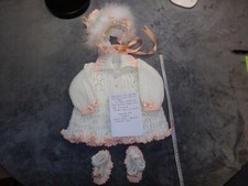 Beautiful hand knitted baby matinee set,0-3Months in Peach,White + Pearl Feather