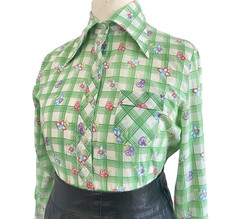 Vintage 1970s Shirt Dagger Collar Floral Check Green Retro Mod Top Blouse 12