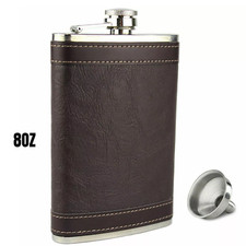 Brown Leather 8oz Stainless Steel Hip Flask & Funnel Set Christmas Whiskey Gift