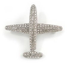 Clear Crystal Aeroplane Brooch In Silver Tone Metal - 50mm Across