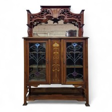 Antique large Arts & Crafts Art Nouveau mahogany mirror back display cabinet