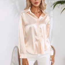 Womens Satin Silk Solid Shirt Ladies Casual Baggy Button-up OL Work Blouse Tops