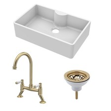 Fireclay 1 Bowl Butler Sink Tap Ledge Waste Tap Brushed Brass 795mm