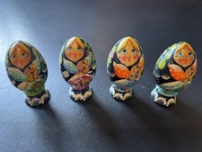 Vintage Russian Handpainted Wooden Egg shaped Christmas Decorations X 4