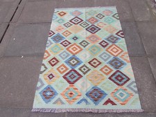 Vintage Traditional Hand Made Oriental Wool Aqua Green Small Kilim 154x103cm