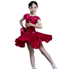 Girls Dance Dress Short Sleeve Shiny Layered Ballroom Latin Rumba Dancewear