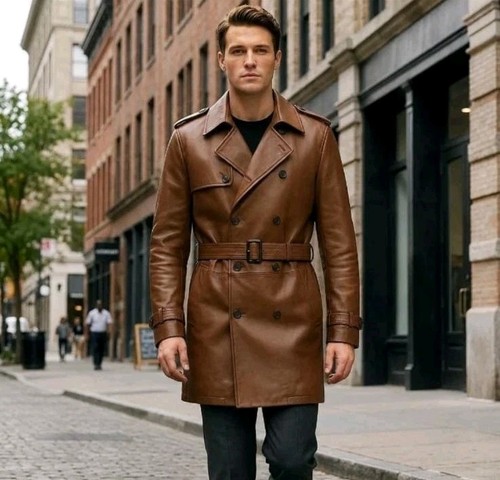 Mens brown leather trench coat - mens,