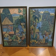 Exquisite Pair Vintage Balinese Folk Art Paintings on fabric Rich colours Framed