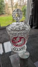 HOFBAUER BYRDES Leaded Crystal Lidded Candy Dish Ruby Cut Birds 8.5" tall