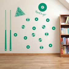 Poolballs Pool Cue Table 9 Ball American Pocket Colourful Wall Stickers Set A65