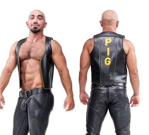 Men leather pig - vest, black