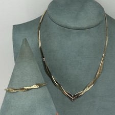 vintage Pierre Cardin necklace & bracelet gold plated herringbone chevron 18.5''