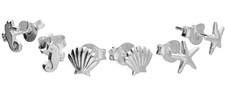 3 Pairs silver stud earrings starfish seahorse  sea shell  925 sterling silver