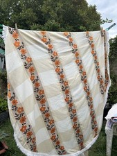  VINTAGE  1970’S CIRCULAR FLORAL TABLE CLOTH ORANGE / BROWN PATTERN SMALL STAIN