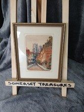 Watercolour Small Painting By E Gregory Horse & Cart Church Houses Framed 