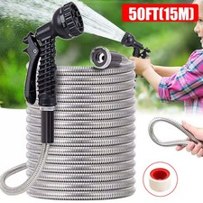 50FT Stainless Steel Garden Hose Pipe Water Kink-Free With Spray Gun