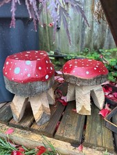 Two mushroom toadstools fairy garden decoration, hand carved plant holder