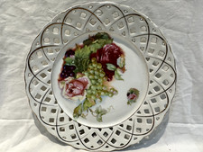 Antique Victorian Hand Painted Floral Design Roses & Grapes Ribbon Plate -27.5cm