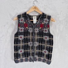Laura Ashley Sweater Vest Medium Wool Grey Floral Waistcoat Embroidered Vintage