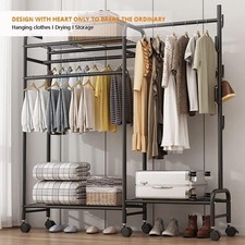 Heavy Duty Double Clothes Rail Rack Garment Hanging Stand Open Wardrobe Shelf UK