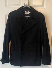 TOPMAN DOUBLE BREASTED BLACK WOOL PEA COAT SIZE: SMALL