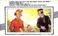 POSTCARD BAMFORTH COMIC No 883 VICAR MOTHER SON FUNNY NAME MOTOR BIKE Brown Tri