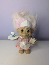 Russ Troll Doll Waitress Hot Pink Hair In Uniform Apron with Dessert Vintage 4"