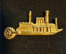 Vintage Gold Tone Steam Boat Brooch Signed SN. In Gift Box