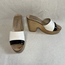 Vintage Chanel Wooden Clog Mules Sandals 36.5 3.5 Platform Wedge Patent Leather