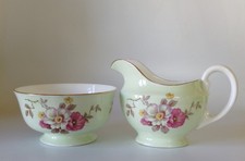 VINTAGE AYNSLEY PASTEL GREEN & FLORAL MILK JUG 90mm &  SUGAR - GOOD CONDITION
